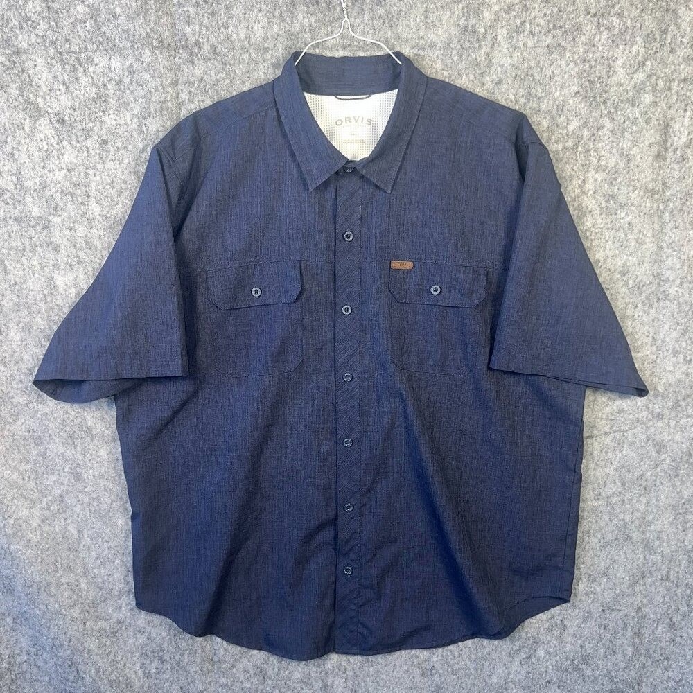 Orvis Blue S/S Button-Front Tech Shirt Pockets UPF Men's Size XXL